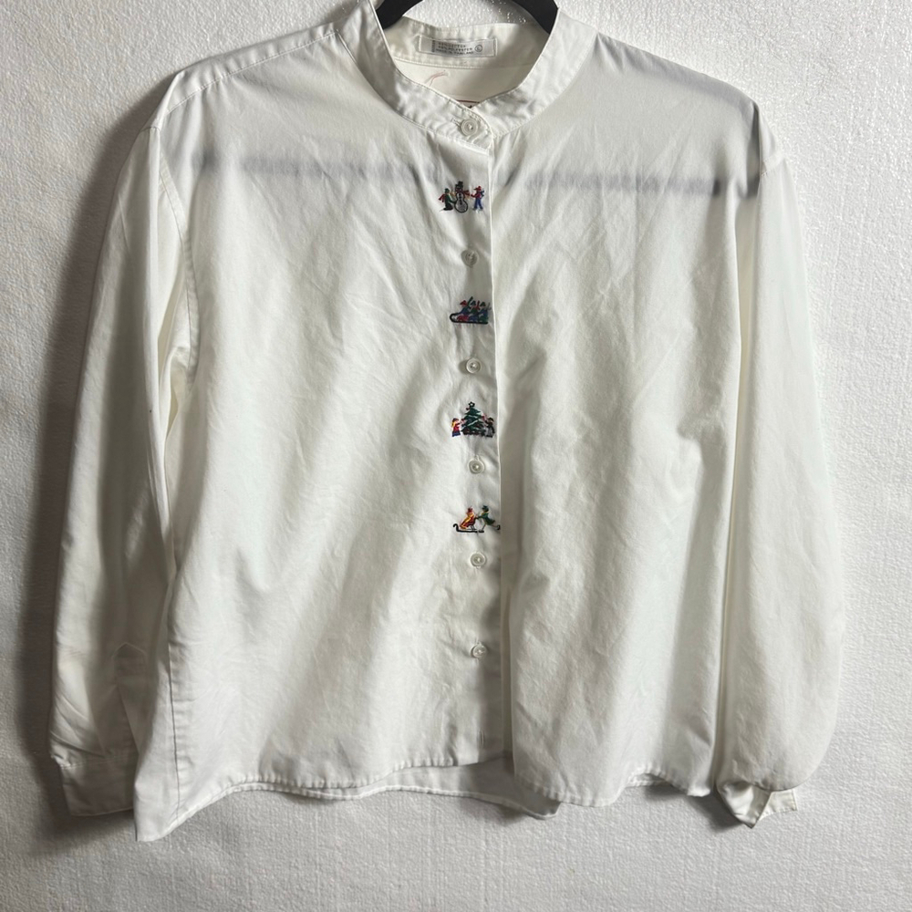 Vintage Talbots Winter-themed Button-Up Shirt Size L White